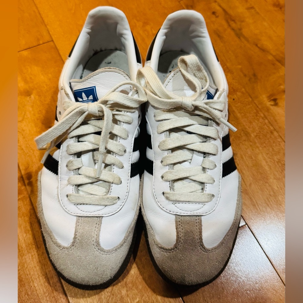 adidas White Sneakers with Black Stripes and Tan Suede Accents
